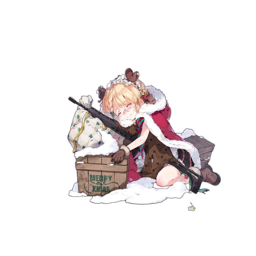 1girl assault_rifle bangs bell blonde_hair blush boots box braid brown_gloves christmas cloak closed_eyes closed_mouth eyebrows_visible_through_hair full_body fur fur_trim g36_(girls_frontline) girls_frontline glasses gloves gun hair_bell hair_between_eyes hair_ornament holding hood hood_down medium_hair merry_christmas official_art rifle shuzi sitting sleeping sleeveless smile snow solo transparent_background weapon younger
