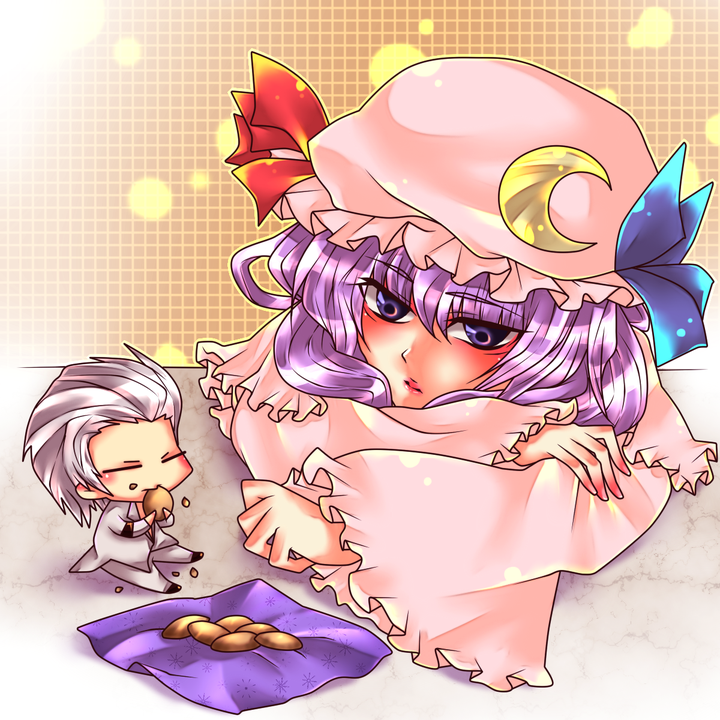 character_request crossover discharge_cycle eating food hat king_of_fighters m.u.g.e.n magaki_(kof) miniboy patchouli_knowledge purple_eyes purple_hair touhou violet_eyes