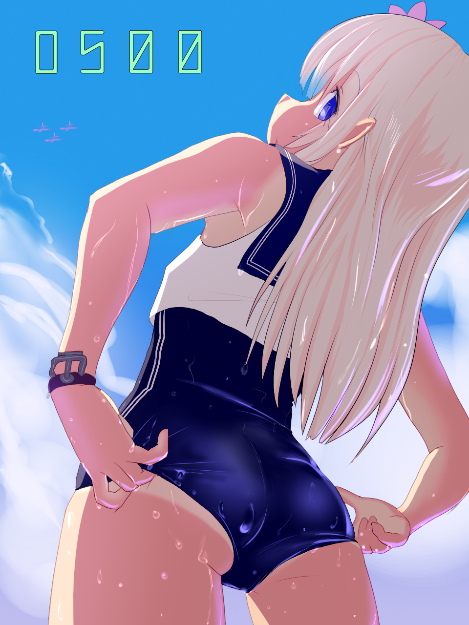1girl adjusting_clothes adjusting_swimsuit anchor ass blonde_hair blue_eyes blush clouds crop_top flower hair_flower hair_ornament highres ishikkoro kantai_collection long_hair looking_at_viewer looking_back ro-500_(kantai_collection) school_swimsuit school_uniform serafuku sky solo swimsuit swimsuit_under_clothes tan tanline u-511_(kantai_collection) wet wet_clothes wristband