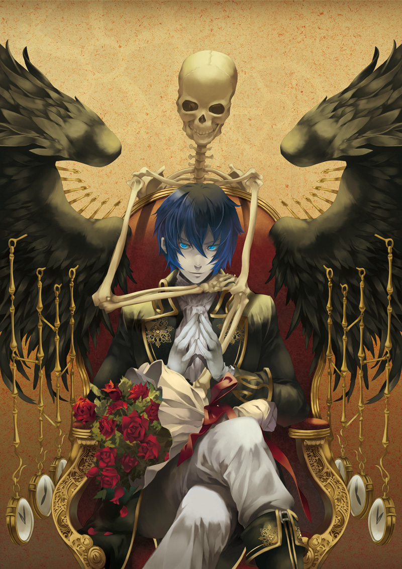 black_wings blue_eyes blue_hair bouquet cantarella_(vocaloid) chair clock coat crossed_legs feathers flower gloves glowing glowing_eyes kaito madarame_(kagetsu) madarame_(pixiv337789) male pale_skin rose short_hair sitting skeleton solo throne vocaloid watch wingks wings wristwatch zipper