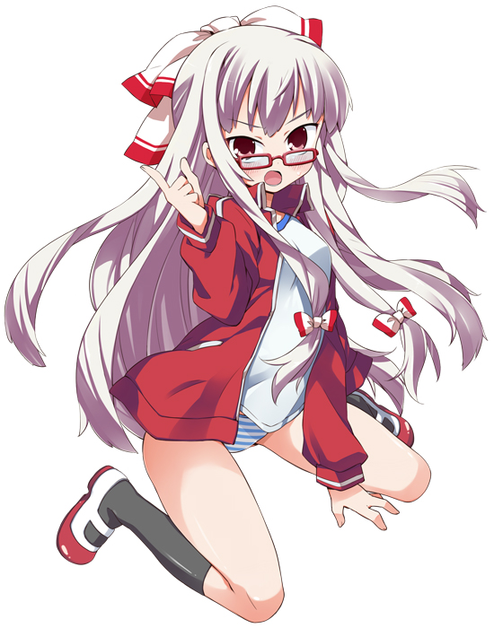 alternate_costume bespectacled blush bow brown_eyes contemporary fujiwara_no_mokou glasses gym_uniform hair_bow hama_chon jacket long_hair mary_janes no_pants panties shoes socks solo striped striped_panties touhou underwear uwabaki very_long_hair