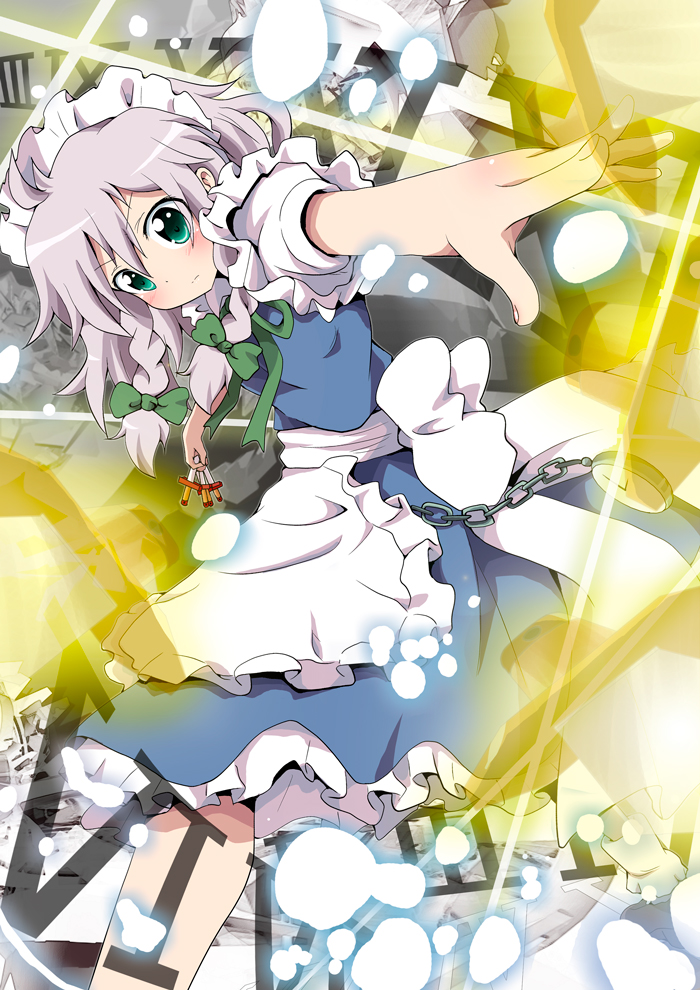 bow braid green_eyes hair_bow izayoi_sakuya knife maid maid_headdress massala pocket_watch short_hair silver_hair solo touhou twin_braids watch weapon