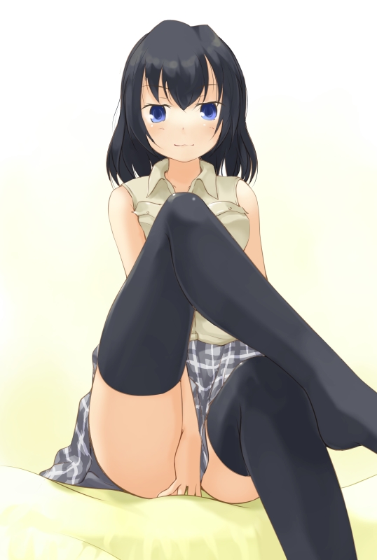 blue_eyes covering crossed_legs legs minitesu original sitting skirt solo teasing thigh-highs thighhighs