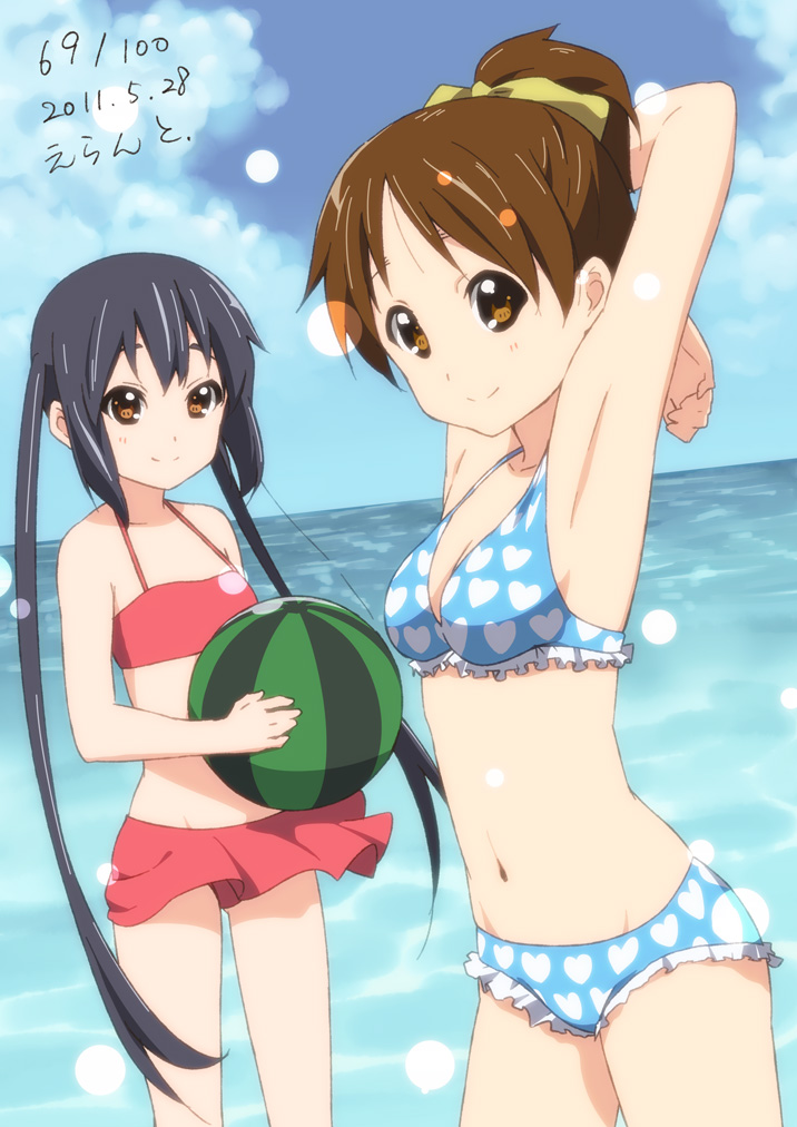 armpits arms_up ball beachball bikini bikini_skirt black_hair breasts brown_eyes cleavage errant flat_chest food frilled_bikini frills fruit hair_ribbon heart heart_print hirasawa_ui holding holding_fruit k-on! light_smile long_hair looking_at_viewer multiple_girls nakano_azusa navel ocean payot ponytail print_bikini ribbon short_hair smile swimsuit twintails very_long_hair wading watermelon