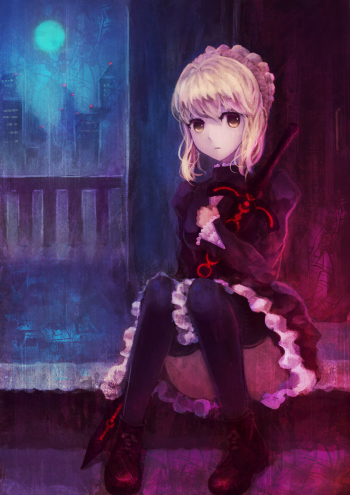 aqin2 bad_id blonde_hair cityscape dark_excalibur excalibur fate/stay_night fate_(series) frills full_moon gothic_lolita lolita_fashion moon pantyhose qin saber saber_alter shoes sitting solo sword thigh-highs thighhighs type-moon weapon yellow_eyes