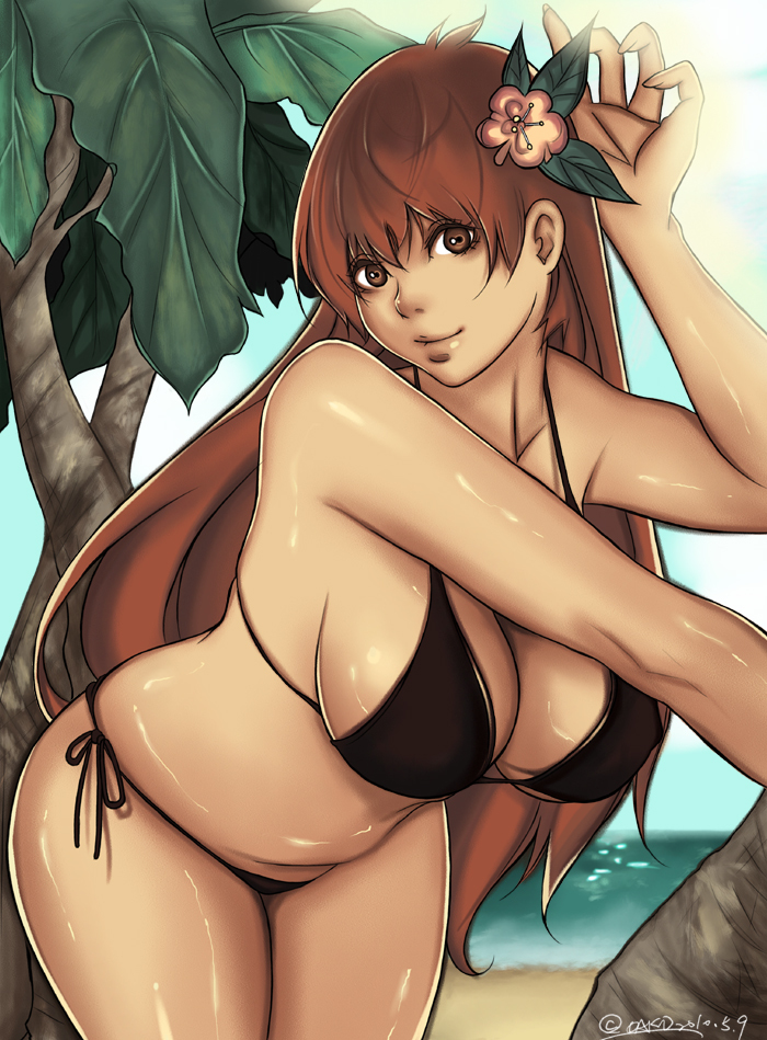 beach bikini breasts brown_eyes brown_hair curvy dako6995 dead_or_alive flower hair_flower hair_ornament kasumi large_breasts light_smile lips long_hair side-tie_bikini signature smile solo standing swimsuit