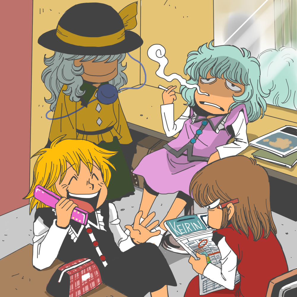 cellphone curious komeiji_koishi lunasa_prismriver lyrica_prismriver merlin_prismriver multiple_girls nurearare onikobe_rin phone siblings sisters smile smoking third_eye touhou