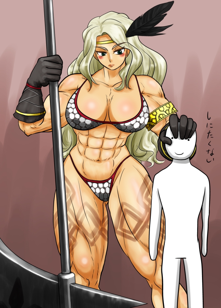 amazon_(dragon's_crown) amazon_(dragon's_crown) armlet armor axe bikini_armor blue_eyes circlet commentary dragon's_crown dragon's_crown feathers gloves green_eyes height_difference ichigaso_(muhyou_joudai) long_hair muscle size_difference solo tattoo translated vanillaware weapon