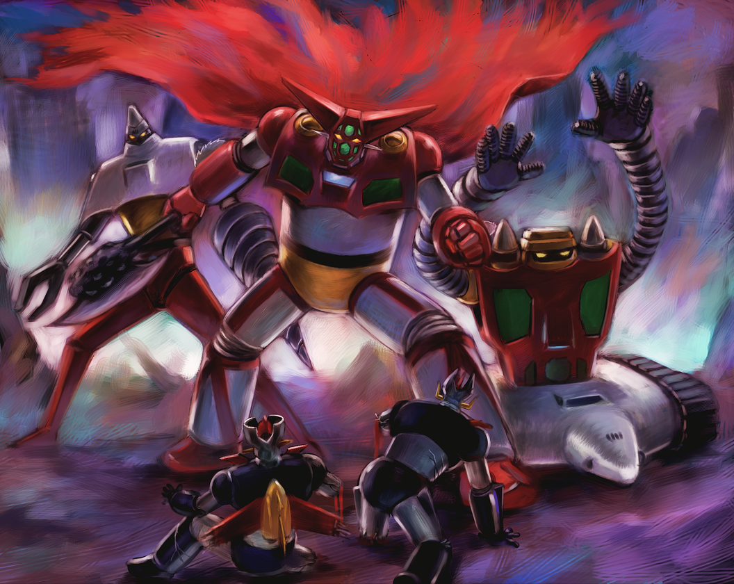 axe broken cape crossover damaged drill getter-1 getter-2 getter-3 getter_robo great_mazinger great_mazinger_(robot) kneeling mazinger_z mazinger_z_(mecha) mecha sitting size_difference time_paradox torn_clothes weapon yusao