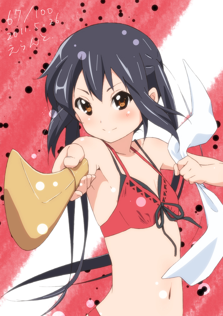 2011 armpits bangs bikini black_hair blush bokken brown_eyes bust errant flat_chest foreshortening front-tie_top holding k-on! light_smile long_hair looking_at_viewer nakano_azusa navel outstretched_arm polka_dot polka_dot_background signature smile solo swimsuit swimsuit_under_swimsuit sword towel twintails very_long_hair weapon wooden_sword