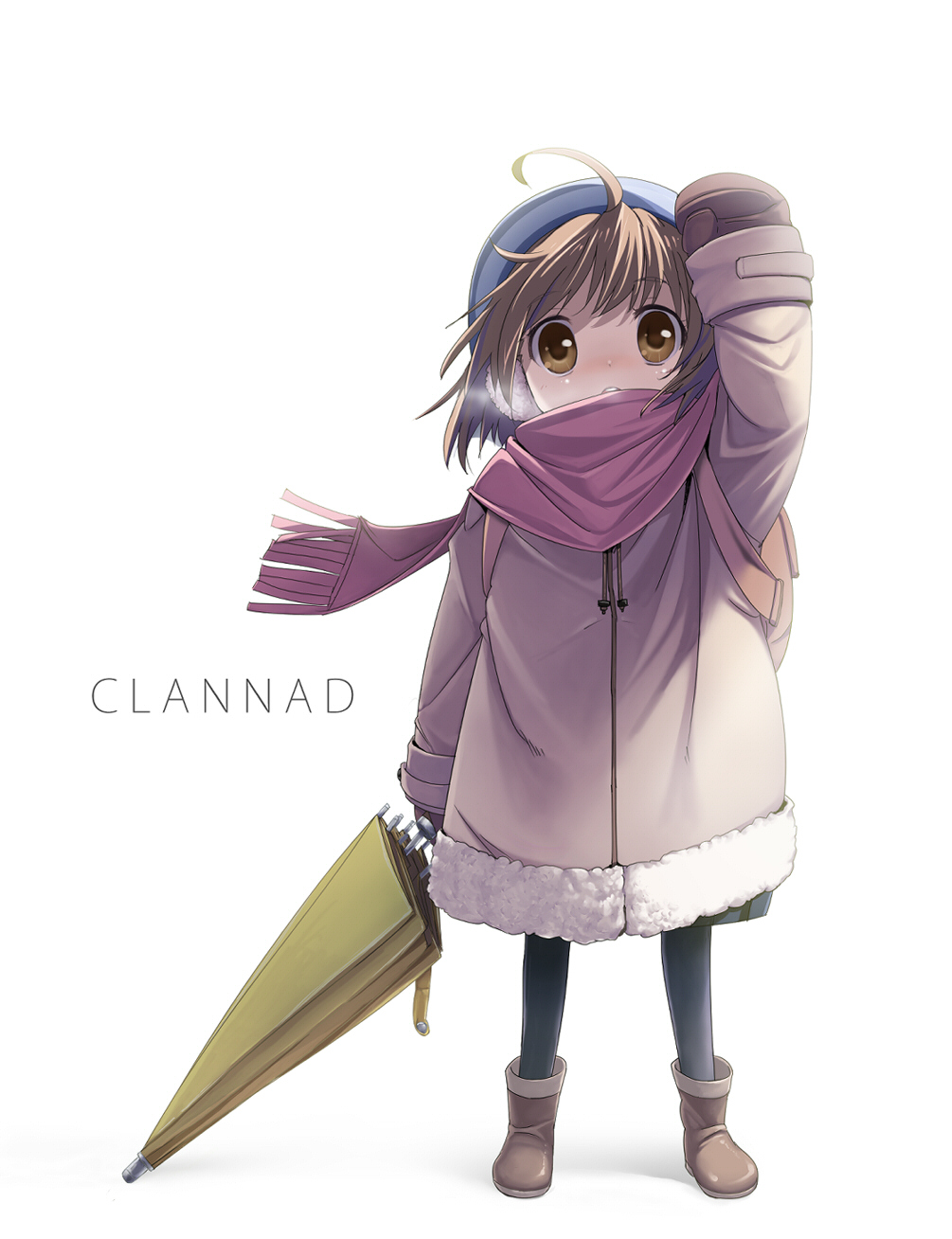 backpack bag black_legwear breath brown_eyes brown_hair child clannad coat earmuffs fujishiro_touma hat highres jacket mittens okazaki_ushio oversized_clothes pantyhose scarf short_hair umbrella winter_clothes