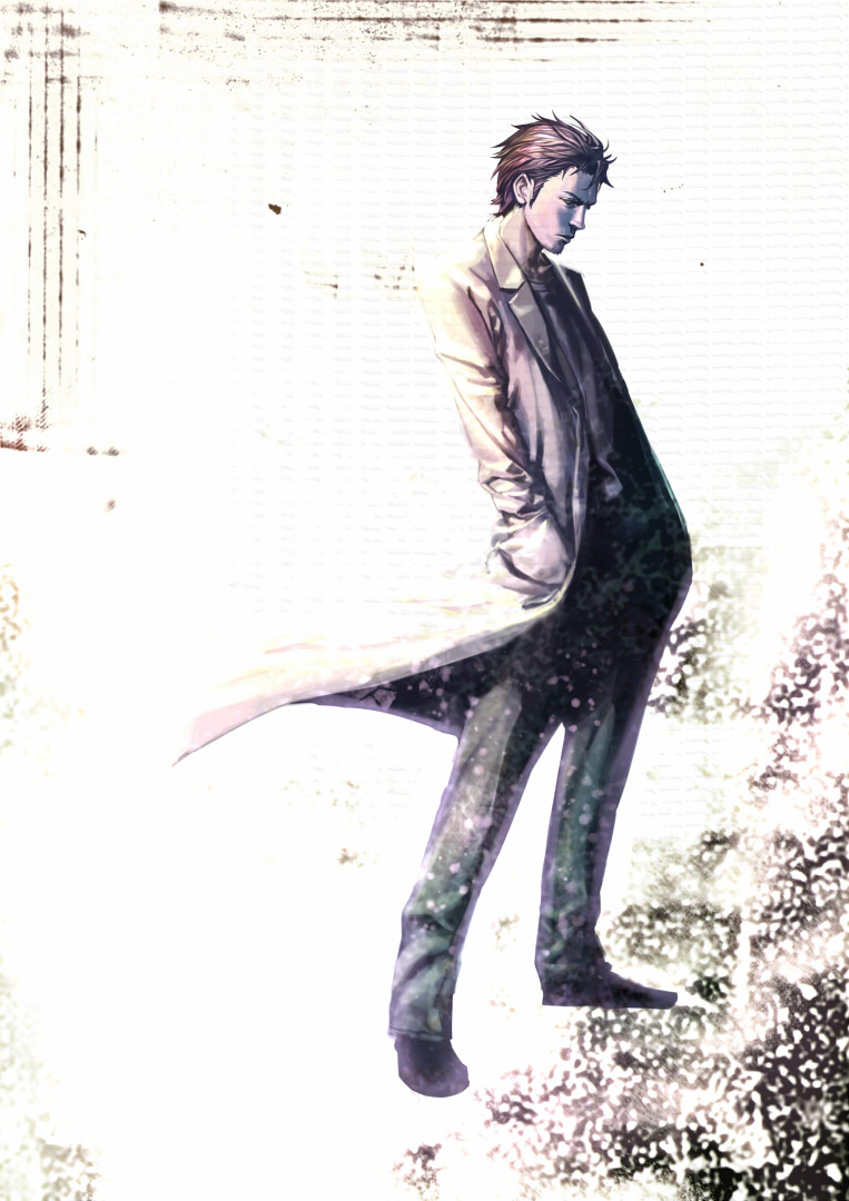hands_in_pockets labcoat looking_down neg okabe_rintarou realistic short_hair solo steins;gate