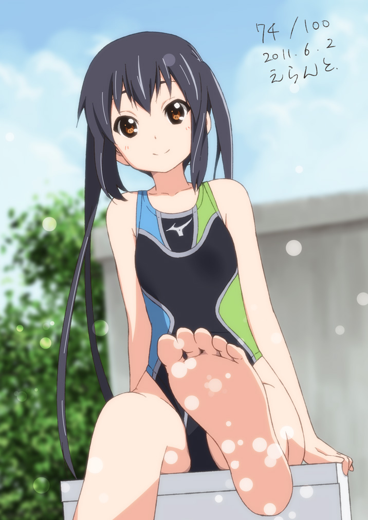 black_hair brown_eyes competition_swimsuit errant feet flat_chest k-on! light_smile long_hair looking_at_viewer nakano_azusa one-piece_swimsuit pov_feet sitting splash swimsuit twintails