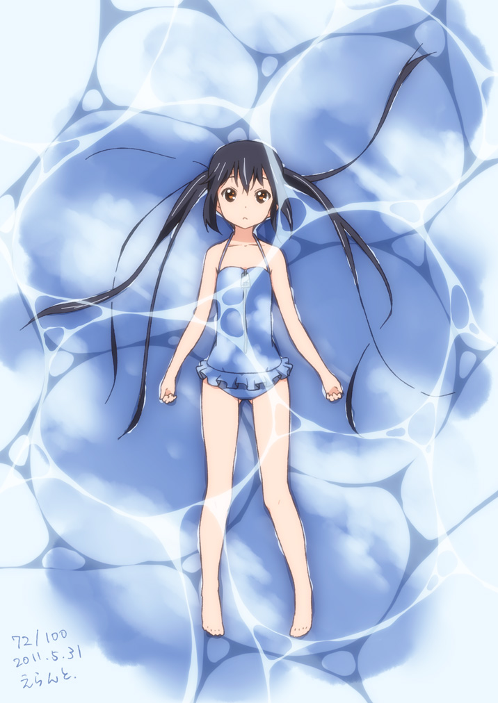 barefoot brown_eyes casual_one-piece_swimsuit errant halterneck k-on! long_hair looking_at_viewer lying nakano_azusa on_back one-piece_swimsuit swimsuit twintails underwater water zipper