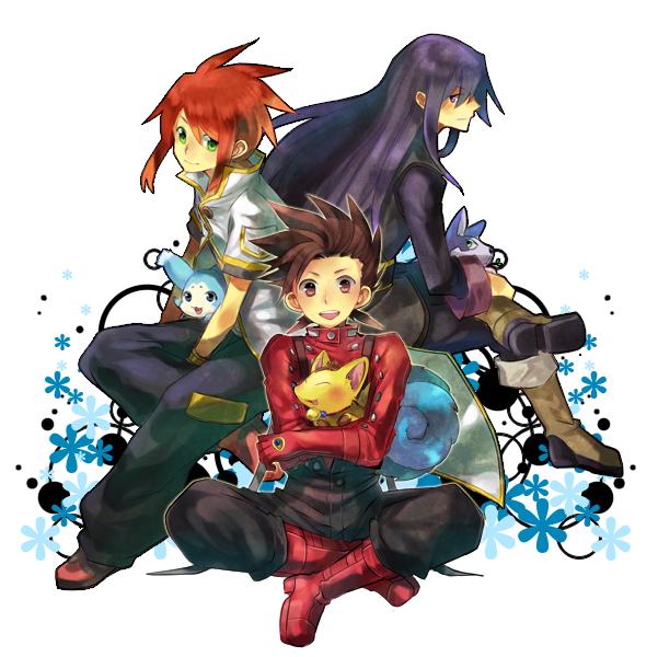 ahoge black_hair boots brown_eyes brown_hair coat corrine creature dog gloves green_eyes jodesu lloyd_irving long_hair luke_fon_fabre male mieu multiple_boys pants purple_eyes red_hair redhead repede shoes sitting smile tales_of_(series) tales_of_symphonia tales_of_the_abyss tales_of_vesperia violet_eyes yuri_lowell