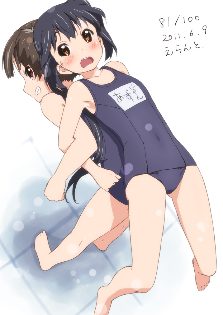 :o back-to-back barefoot black_hair blush brown_eyes carrying errant face flat_chest grin k-on! lifting locked_arms long_hair multiple_girls nakano_azusa one-piece_swimsuit open_mouth school_swimsuit school_uniform smile suzuki_jun swimsuit twintails