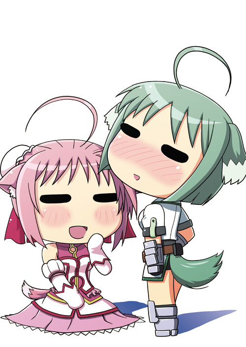 -_- ahoge animal_ears blush chibi dog_days dog_ears dog_tail eclair_martinozzi green_hair long_hair millhiore_f_biscotti multiple_girls pink_hair short_hair tail tama5ruby