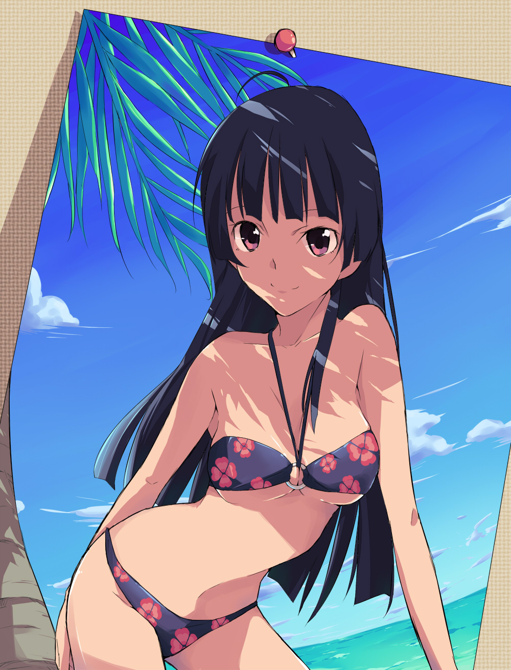 bikini black_hair blue_sky brown_eyes character_request cloud highres hime_cut jewelpet_(series) jewelpet_sunshine light_smile long_hair looking_at_viewer mizushiro_kanon o-ring_top ocean photo_(object) ponekusan sky solo summer swimsuit thumbtack wall