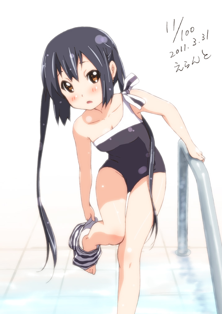 :o blush bow brown_eyes casual_one-piece_swimsuit errant k-on! long_hair nakano_azusa one-piece_swimsuit open_mouth pool swimsuit twintails undressing