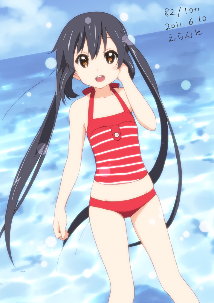 :d brown_eyes button errant flat_chest hair_tussle halterneck k-on! long_hair looking_at_viewer nakano_azusa open_mouth smile striped_swimsuit stripes swimsuit tankini twintails wading water