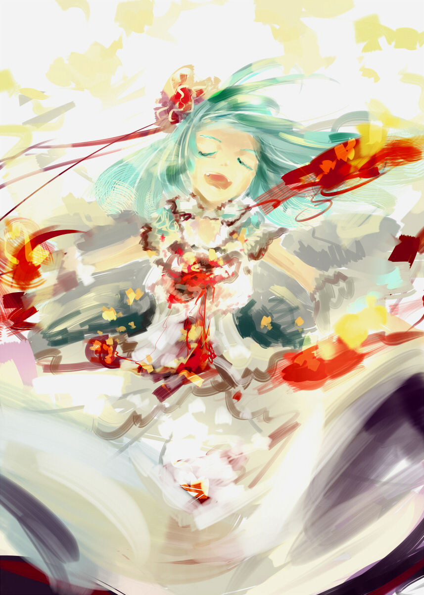 antiquewhite aqua_hair closed_eyes dress eyes_closed hatsune_miku highres open_mouth singing solo twintails vocaloid white_dress