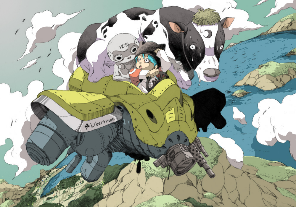 aqua_hair bad_id cloud cow from_above hat high looking_back makkamu mountains nervous ocean original scared science_fiction sky surprised sweat vehicle weapon what