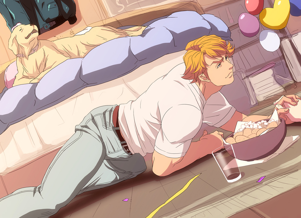 bed blonde_hair blue_eyes confetti cup dog imasan jeans john_(tiger_&amp;_bunny) keith_goodman male potato_chips short_hair tiger_&amp;_bunny