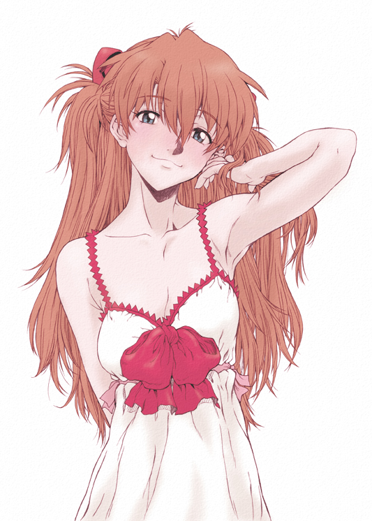 armpits blue_eyes breasts brown_hair bust chemise cleavage dbqp evangelion:_2.0_you_can_(not)_advance hair_tussle long_hair neon_genesis_evangelion rebuild_of_evangelion shikinami_asuka_langley simple_background smile solo soryu_asuka_langley souryuu_asuka_langley