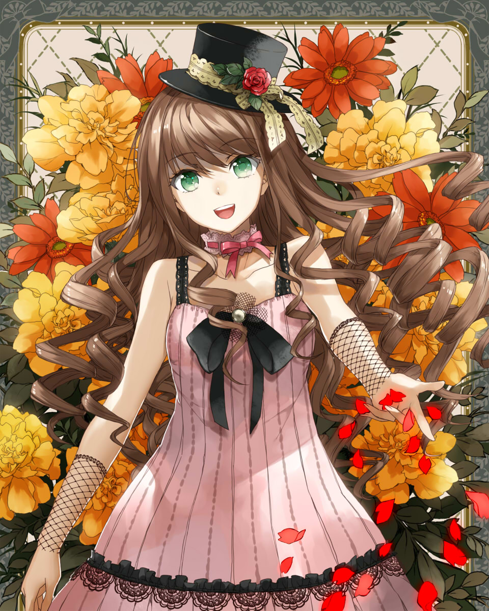 :d brown_hair collarbone dress drill_hair fishnets flower green_eyes hat highres mini_top_hat open_mouth original petals ryou_(kimagure) smile top_hat
