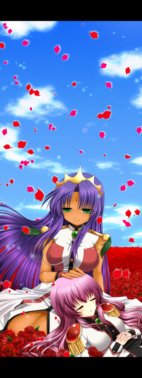 breasts buttons closed_eyes dark_skin dress epaulettes eyes_closed flower green_eyes head_rest highres himemiya_anthy jewelry kawakami_tomoko kneeling long_hair multiple_girls petals pink_hair purple_hair ring rose shoujo_kakumei_utena shoujo_kakumei_utena_adolescence_mokushiroku sleeping smile tenjou_utena tiara