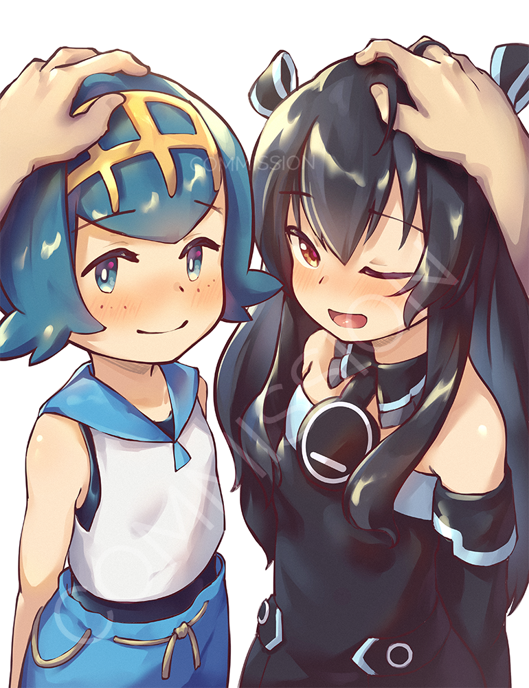 2girls bangs bare_shoulders black_dress black_hair black_ribbon blue_eyes blue_hair blue_pants blue_sailor_collar blush bright_pupils choujigen_game_neptune closed_mouth commentary commission crossover detached_sleeves dress driftingtiger freckles hair_ribbon hairband headpat lana_(pokemon) long_hair multiple_girls neptune_(series) no_sclera one-piece_swimsuit open_mouth pants pokemon pokemon_(game) pokemon_sm ribbon sailor_collar shiny shiny_hair shirt short_hair sidelocks sleeveless sleeveless_shirt smile swimsuit swimsuit_under_clothes tongue uni_(neptune_series) watermark white_shirt yellow_hairband