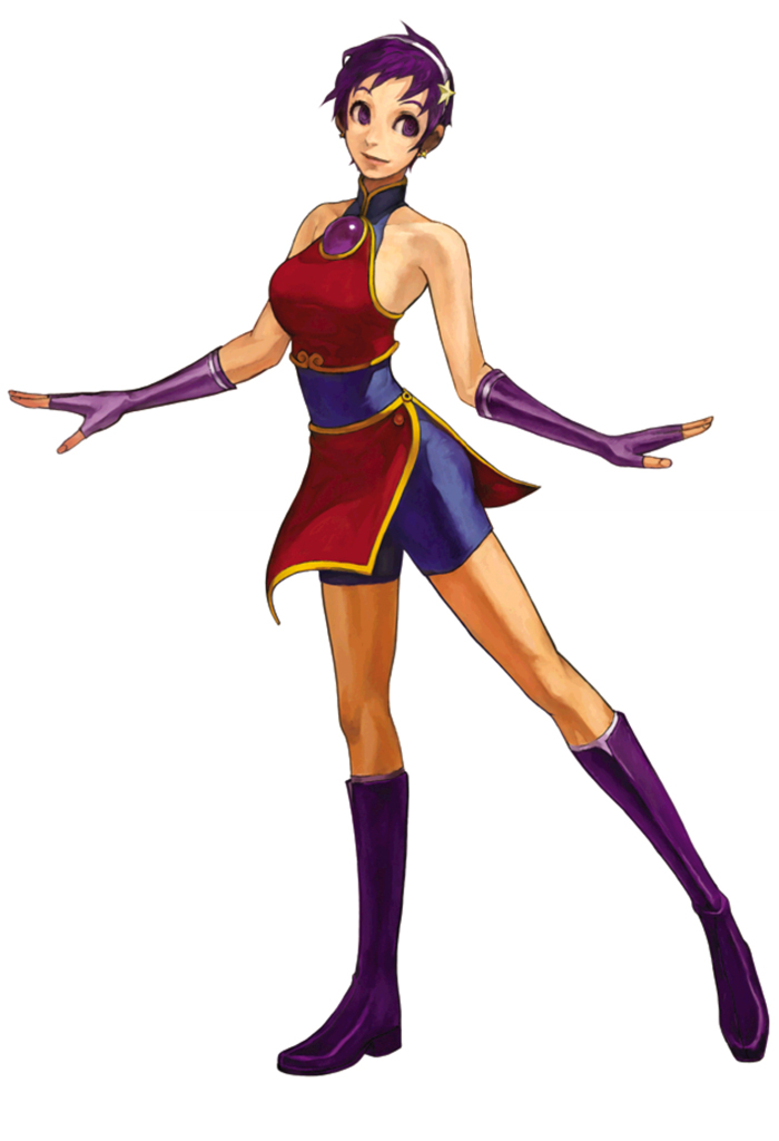 alternate_hairstyle alternate_outfit asamiya_athena boots china_dress chinadress chinese_clothes elbow_gloves fingerless_gloves gloves hairband halterneck headband king_of_fighters king_of_fighters_2001 kof nona purple_eyes purple_hair short_hair shorts snk violet_eyes