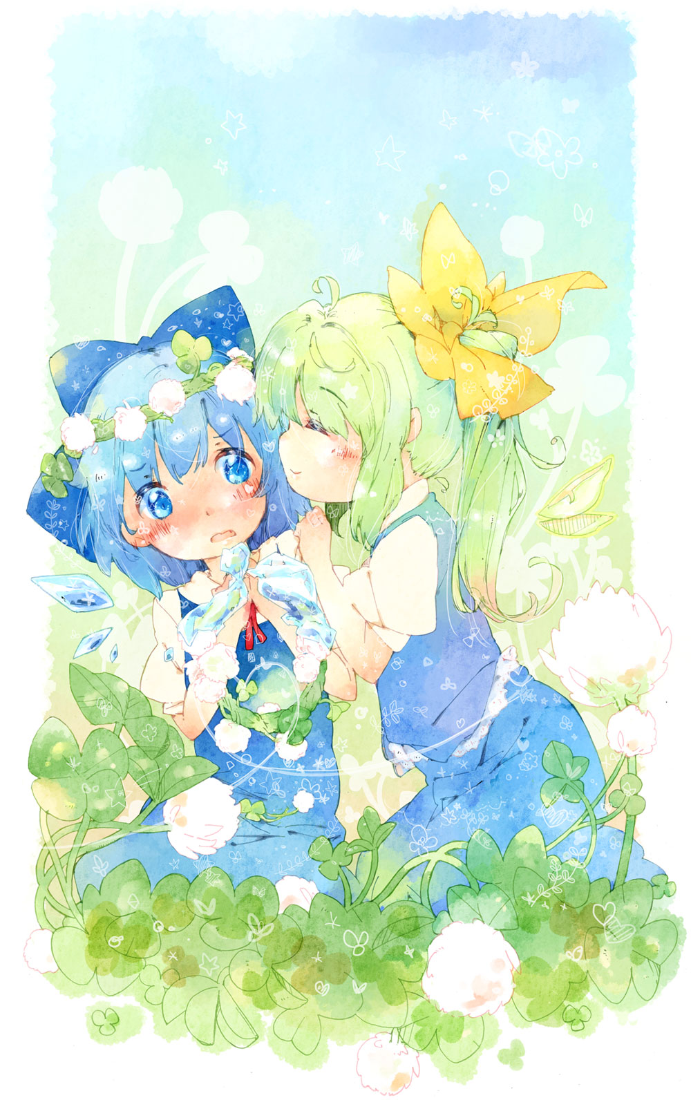 blue_dress blue_hair blue_sky bow cirno closed_eyes clover clover_(flower) daiyousei dress eyes_closed fairy_wars fang flower flower_bracelet four-leaf_clover green_hair hair_bow hair_flower hair_ornament hands_on_own_chest hands_to_chest highres ice incipient_kiss multiple_girls open_mouth shipu_(toppintetratorten) shirt side_ponytail skirt skirt_set sky smile touhou wavy_mouth wings