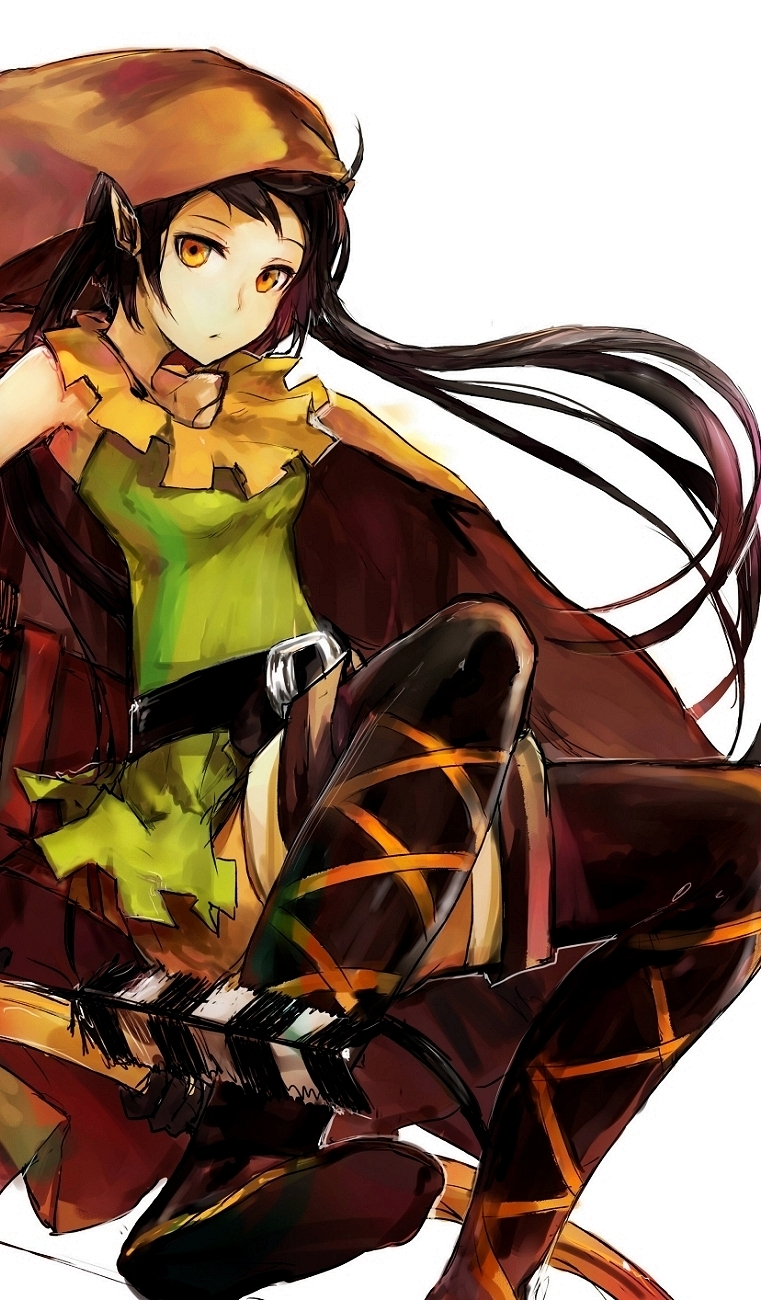 arrow belt black_hair boots cloak cosplay dragon's_crown dragon's_crown elf_(dragon's_crown) elf_(dragon's_crown)_(cosplay) elf_(dragon's_crown) elf_(dragon's_crown)_(cosplay) francisco_valle highres hood long_hair orange_eyes original pointy_ears simple_background solo thigh-highs thigh_boots thighhighs twintails vl