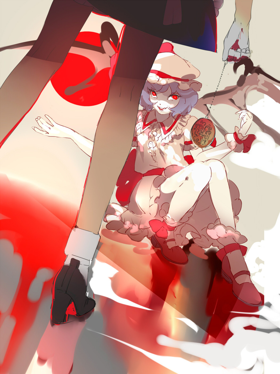 bat_wings blood blue_hair glowing glowing_eyes hat high_heels highres izayoi_sakuya kneepits legs mary_janes multiple_girls okomeuma pocket_watch red_eyes remilia_scarlet rough shoes sitting smile touhou watch wings