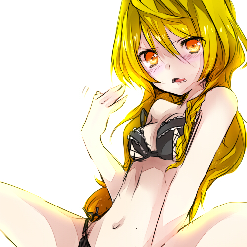 bikini black_bikini blonde_hair braid indian_style kirisame_marisa long_hair lowres no_hat no_headwear orange_eyes side-tie_bikini simple_background single_braid sitting solo strap_slip swimsuit tori_no_karaage touhou