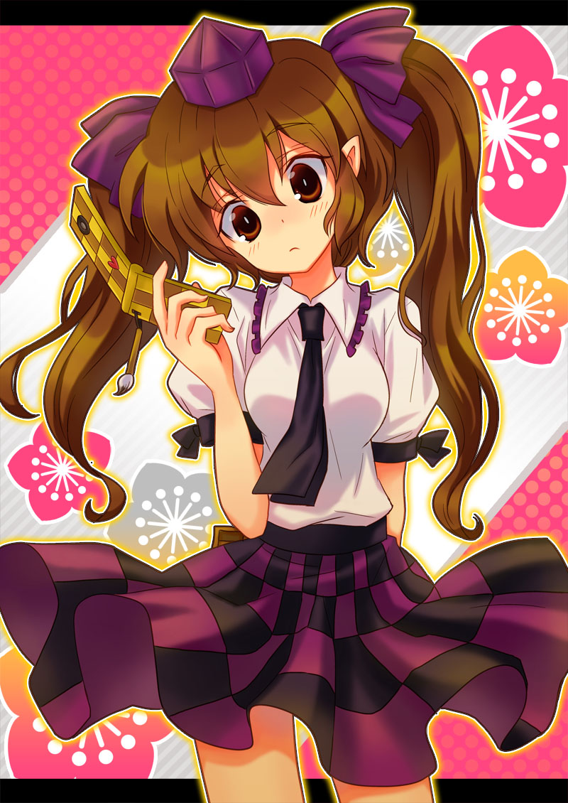 blush breasts brown_eyes brown_hair cellphone checkered checkered_skirt girotin_ginza hat himekaidou_hatate long_hair necktie phone pointy_ears skirt solo tokin_hat touhou twintails
