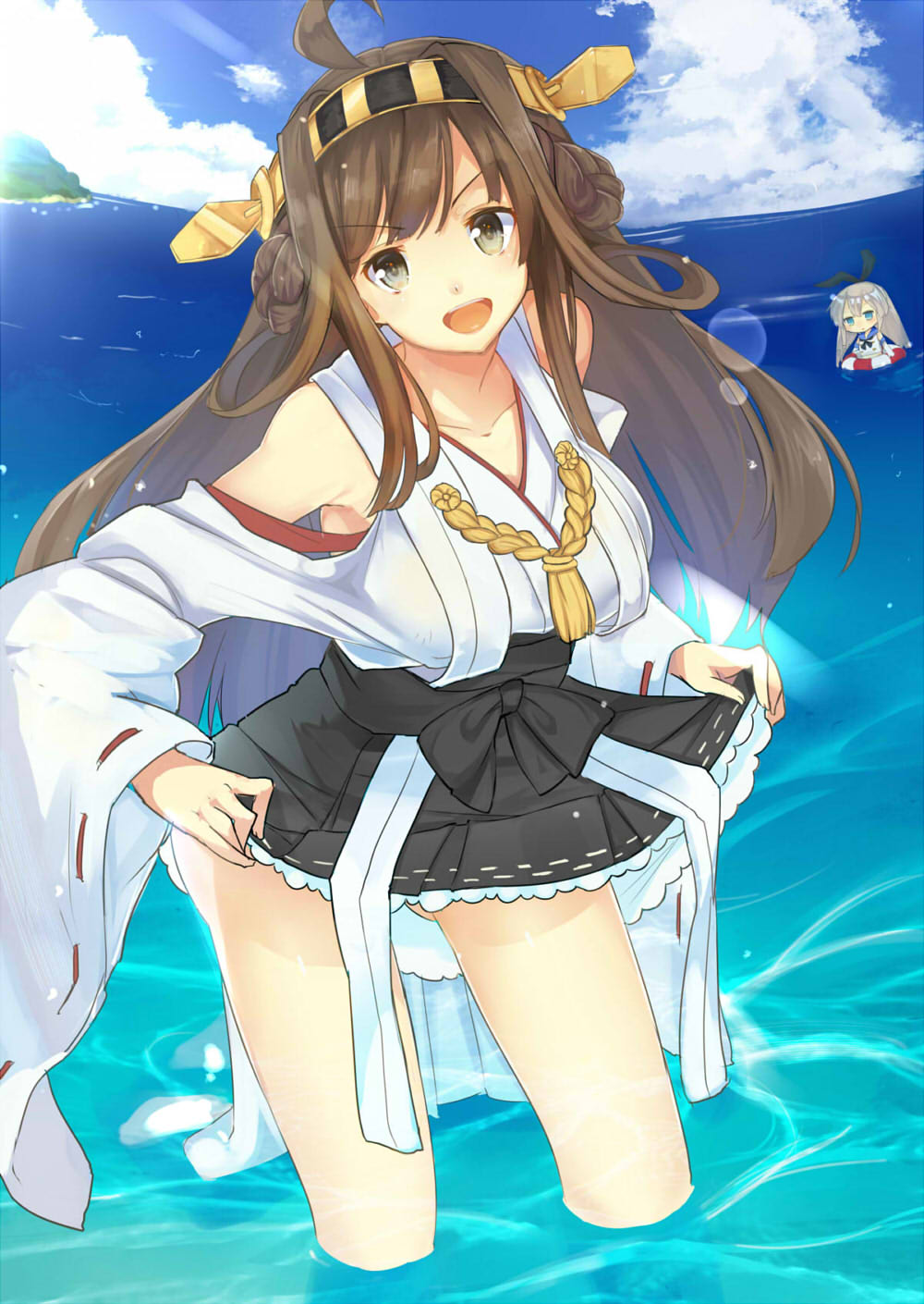 2girls bare_shoulders black_eyes blonde_hair blue_eyes blue_sky blush brown_hair clouds detached_sleeves double_bun elbow_gloves flat_chest floating gloves hair_ornament hairband headgear highres innertube island japanese_clothes kantai_collection kongou_(kantai_collection) light_particles long_hair makai_penguin miko mountain multiple_girls ocean open_mouth personification sailor_collar shimakaze_(kantai_collection) shirt skirt skirt_lift sky smile water