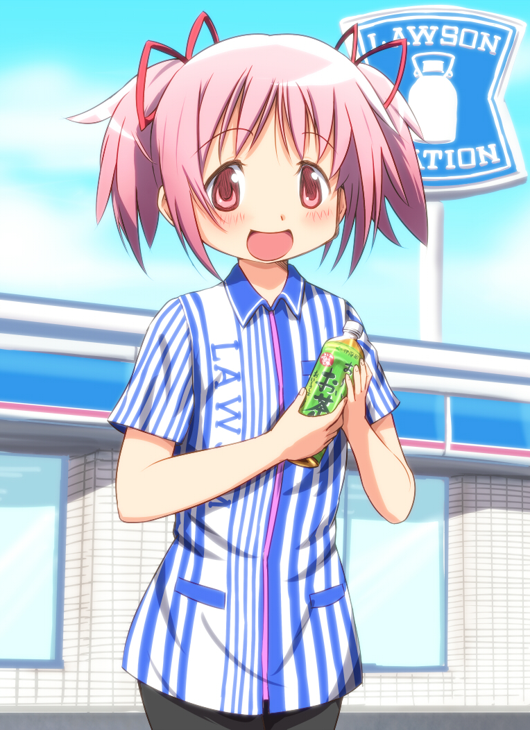 alternate_costume blue blue_sky convenience_store diesel-turbo flat_chest food green_tea hair_ornament hair_ribbon happy holding kaname_madoka lawson looking_at_viewer mahou_shoujo_madoka_magica open_mouth pink_eyes pink_hair pinstripe_pattern pinstripe_shirt pocket pockets ribbon shop short_hair short_twintails signpost sky smile solo striped tareme tea twintails uniform vertical_stripes window