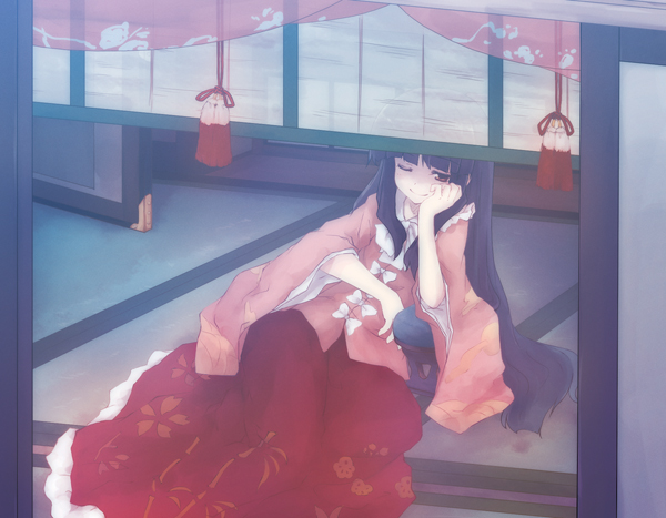 black_hair bow head_rest houraisan_kaguya long_hair long_skirt long_sleeves lying on_back red_eyes skirt smile smirk solo tatami touhou wink yukitarou_(awamori)