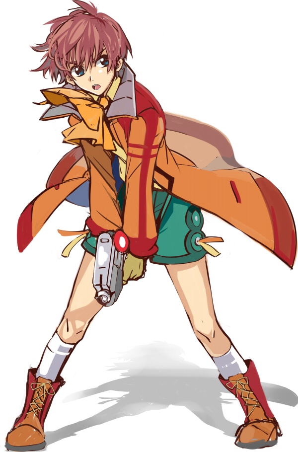 ahoge bad_id blue_eyes coat collar footwear gloves gun jude_maverick male merii red_hair redhead shoes shorts socks solo weapon white_background wild_arms wild_arms_4