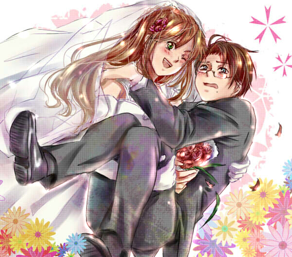 austria_(hetalia) axis_powers_hetalia carry couple hungary_(hetalia) wedding_dress