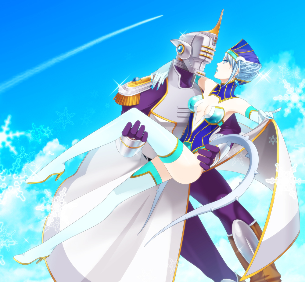 blue_eyes blue_hair blue_rose_(tiger_&amp;_bunny) boots breasts carrying cleavage earrings elbow_gloves epaulettes flying gloves hat helmet high_heels jewelry karina_lyle keith_goodman leg_lift legs lipstick long_legs makeup male nanako_m power_suit princess_carry shoes short_hair sky sky_high snowflakes superhero thigh-highs thigh_boots thighhighs thighs tiger_&amp;_bunny white_legwear