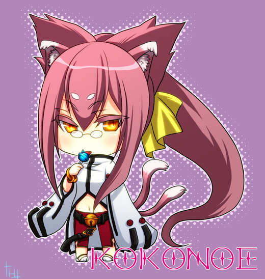 1girl animal_ears bell blazblue bracelet candy cat_ears cat_tail character_name chibi glasses jewelry kokonoe lollipop long_hair multiple_tails navel pink_hair ponytail solo tail yellow_eyes