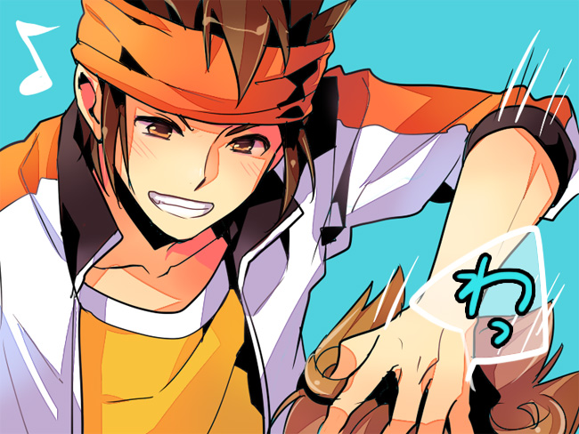 adult brown_eyes brown_hair endou_mamoru grin hand_on_head headband inazuma_eleven inazuma_eleven_(series) inazuma_eleven_go jacket male matsukaze_tenma multiple_boys short_hair smile uririri69