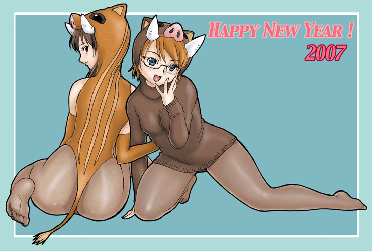2girls ass back blue_eyes boar brown_hair brown_legwear elbow_gloves feet glasses gloves hand_on_own_face hand_to_face legs looking_back multiple_girls new_year open_mouth original pantyhose simple_background sweater tail uraharukon