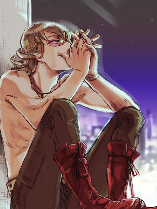 barnaby_brooks_jr belt blonde_hair boots glasses green_eyes hands_clasped jewelry machomucho male necklace night night_sky shirtless sitting sky solo studded_belt tiger_&amp;_bunny window