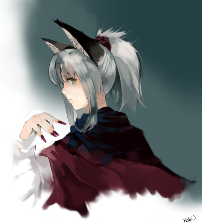 cat_ears fingernails green_eyes long_fingernails nail_polish nobusnow original ponytail silver_hair