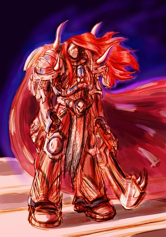 armor cape elizaveta_bikuin horns long_hair magnus_the_red male one-eyed red_hair redhead sword warhammer_40k weapon