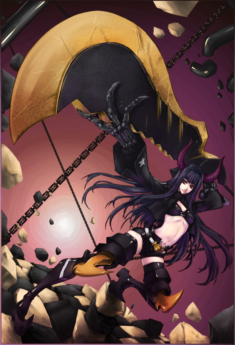 black_gold_saw black_hair black_legwear black_rock_shooter bolero boots chain chains claws cropped_jacket foreshortening horns huge_weapon long_hair long_sleeves midriff navel paolo_antonio_aguasin red_eyes short_shorts shorts solo sword thigh-highs thigh_boots thighhighs weapon zettai_ryouiki